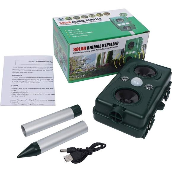 Solar Ultrasonic Animal Pest Repeller Cat Rodent Squirrel Raccoon Bird Deterrent - Picture 1 of 11